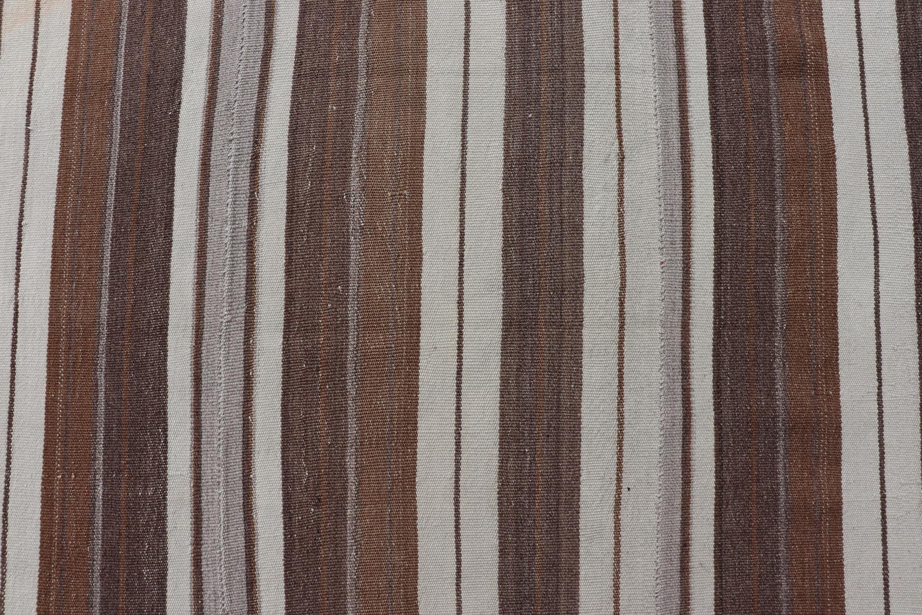 Stripe Design Turkish Vintage Flat - Weave Rug in Brown, Cognac, Ivory, and Gray - Keivan Woven ArtsEN - 178651 - 18890Rug