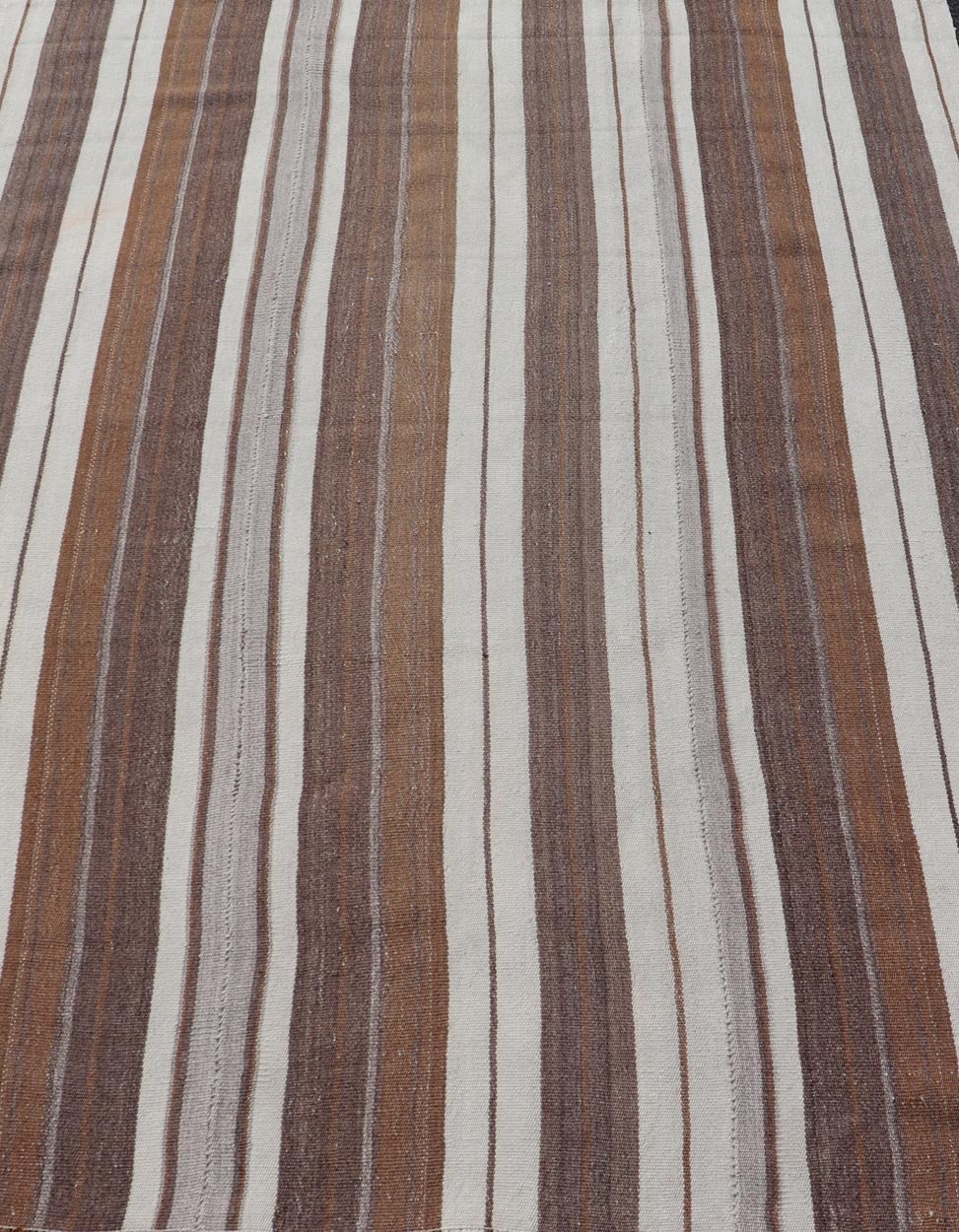 Stripe Design Turkish Vintage Flat - Weave Rug in Brown, Cognac, Ivory, and Gray - Keivan Woven ArtsEN - 178651 - 18890Rug