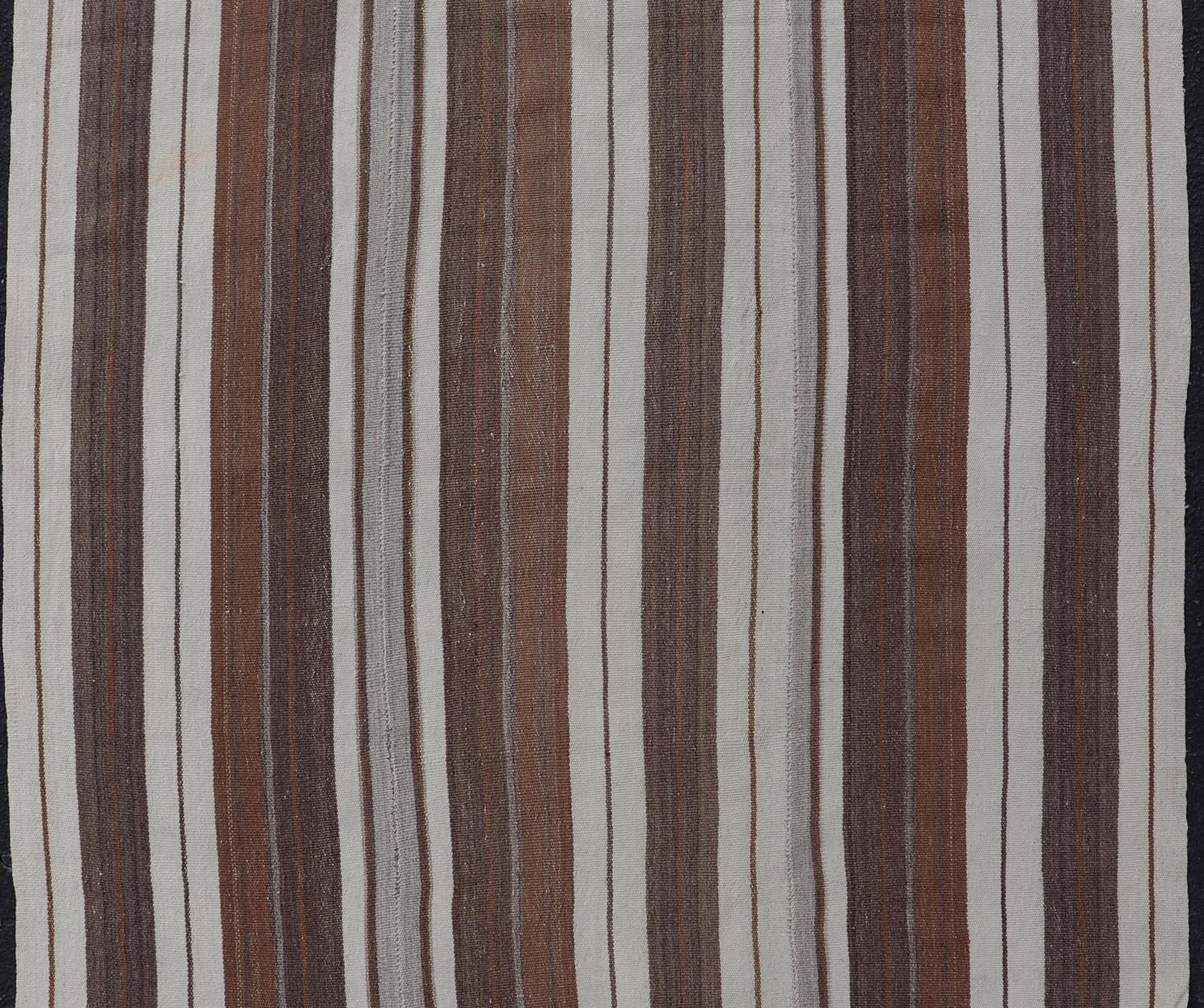 Stripe Design Turkish Vintage Flat - Weave Rug in Brown, Cognac, Ivory, and Gray - Keivan Woven ArtsEN - 178651 - 18890Rug