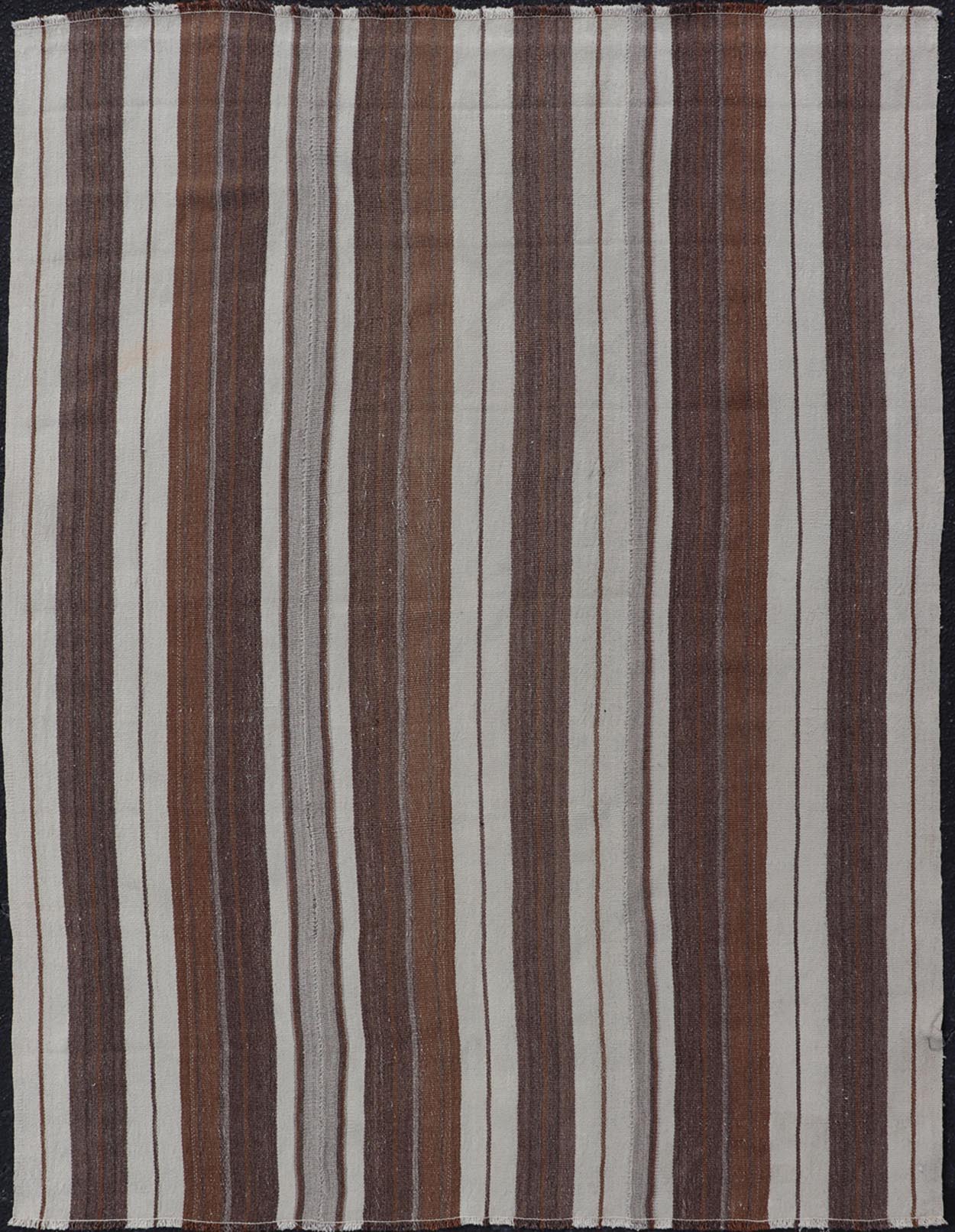 Stripe Design Turkish Vintage Flat - Weave Rug in Brown, Cognac, Ivory, and Gray - Keivan Woven ArtsEN - 178651 - 18890Rug