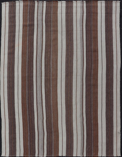 Stripe Design Turkish Vintage Flat - Weave Rug in Brown, Cognac, Ivory, and Gray - Keivan Woven ArtsEN - 178651 - 18890Rug