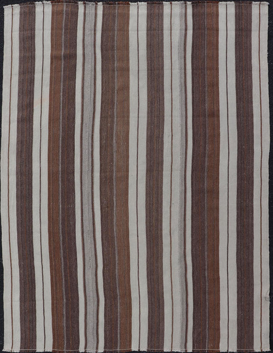Stripe Design Turkish Vintage Flat - Weave Rug in Brown, Cognac, Ivory, and Gray - Keivan Woven ArtsEN - 178651 - 18890Rug