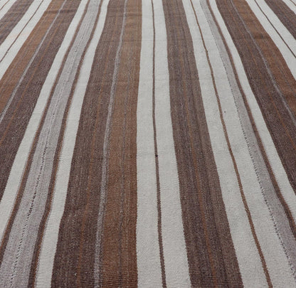 Stripe Design Turkish Vintage Flat - Weave Rug in Brown, Cognac, Ivory, and Gray - Keivan Woven ArtsEN - 178651 - 18890Rug