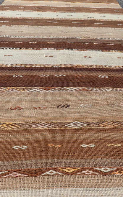 Vintage Earthy Kilim Gallery Runner with Stripe Design in Multi Colors & Motif's. Keivan Woven Arts / rug EN - 178669, country of origin / type: Turkey / Kilim, circa 1950. Measures: 4'6 x 11'7 Featuring a striking stripe design, this unique mid - c... - Keivan Woven ArtsEN - 178669 - 23504Rug