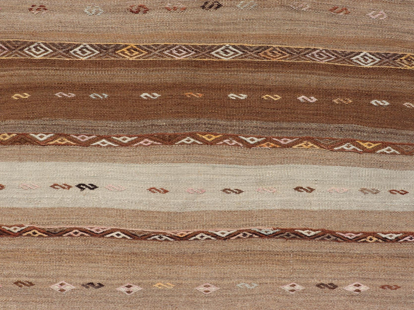 Vintage Earthy Kilim Gallery Runner with Stripe Design in Multi Colors & Motif's. Keivan Woven Arts / rug EN - 178669, country of origin / type: Turkey / Kilim, circa 1950. Measures: 4'6 x 11'7 Featuring a striking stripe design, this unique mid - c... - Keivan Woven ArtsEN - 178669 - 23504Rug