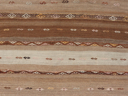 Vintage Earthy Kilim Gallery Runner with Stripe Design in Multi Colors & Motif's. Keivan Woven Arts / rug EN - 178669, country of origin / type: Turkey / Kilim, circa 1950. Measures: 4'6 x 11'7 Featuring a striking stripe design, this unique mid - c... - Keivan Woven ArtsEN - 178669 - 23504Rug
