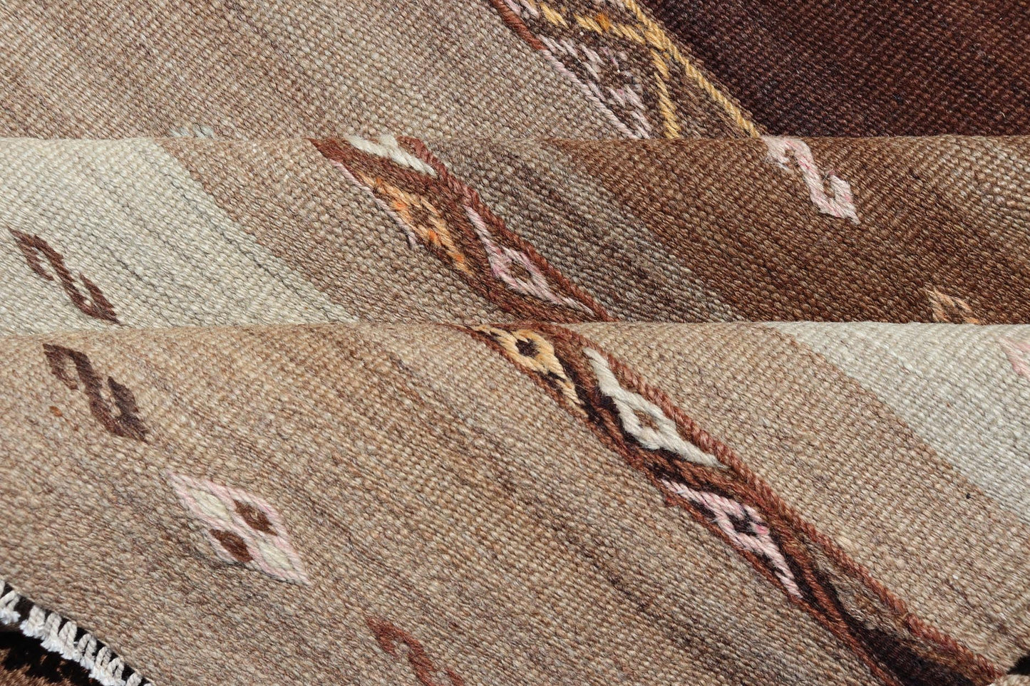 Vintage Earthy Kilim Gallery Runner with Stripe Design in Multi Colors & Motif's. Keivan Woven Arts / rug EN - 178669, country of origin / type: Turkey / Kilim, circa 1950. Measures: 4'6 x 11'7 Featuring a striking stripe design, this unique mid - c... - Keivan Woven ArtsEN - 178669 - 23504Rug