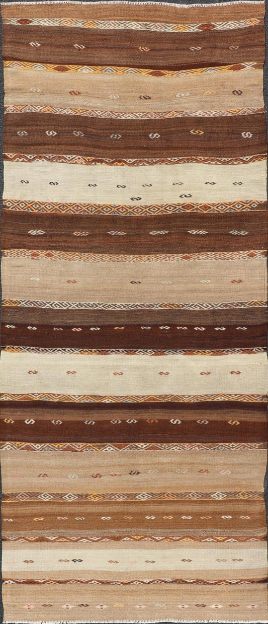 Vintage Earthy Kilim Gallery Runner with Stripe Design in Multi Colors & Motif's. Keivan Woven Arts / rug EN - 178669, country of origin / type: Turkey / Kilim, circa 1950. Measures: 4'6 x 11'7 Featuring a striking stripe design, this unique mid - c... - Keivan Woven ArtsEN - 178669 - 23504Rug