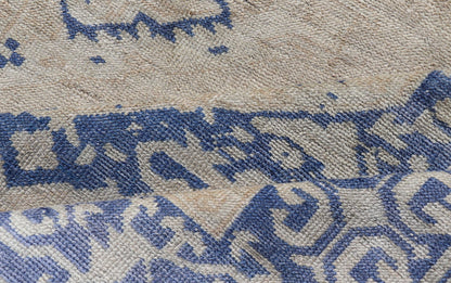Turkish Oushak Gallery Rug in Blue and Cream with Geometric Design Measures: 4'6 x 12'6 This vintage Oushak gallery runner features blue medallions on a sandy - taupe field. The border and central medallions are both rendered in a rich me... - Keivan Woven ArtsEN - 178699 - 18896Rug