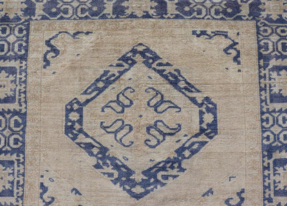 Turkish Oushak Gallery Rug in Blue and Cream with Geometric Design Measures: 4'6 x 12'6 This vintage Oushak gallery runner features blue medallions on a sandy - taupe field. The border and central medallions are both rendered in a rich me... - Keivan Woven ArtsEN - 178699 - 18896Rug