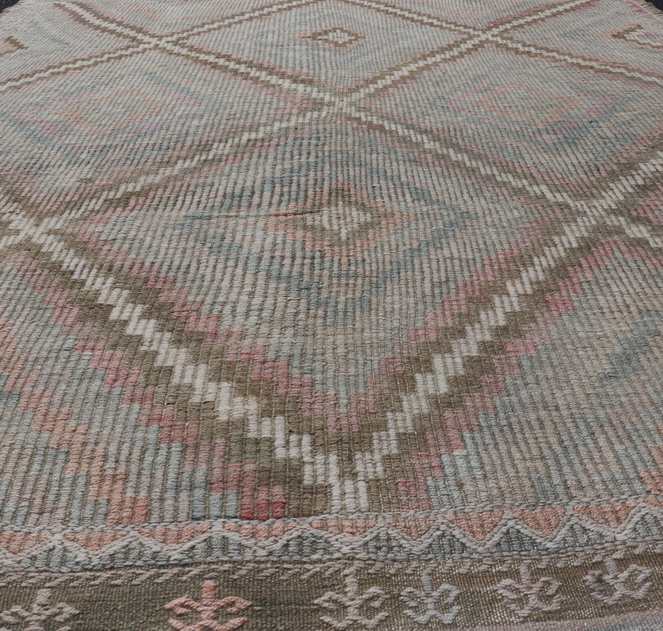 Vintage Turkish Embroidered Rug with Geometric Diamond Design Embroidered vintage flat weave rug from Turkey in shades of cream and neutrals with geometric pattern rug EN - 178708, Keivan Woven Arts / country of origin / type: Turkey / Kili... - Keivan Woven ArtsEN - 178708 - 17502Rug