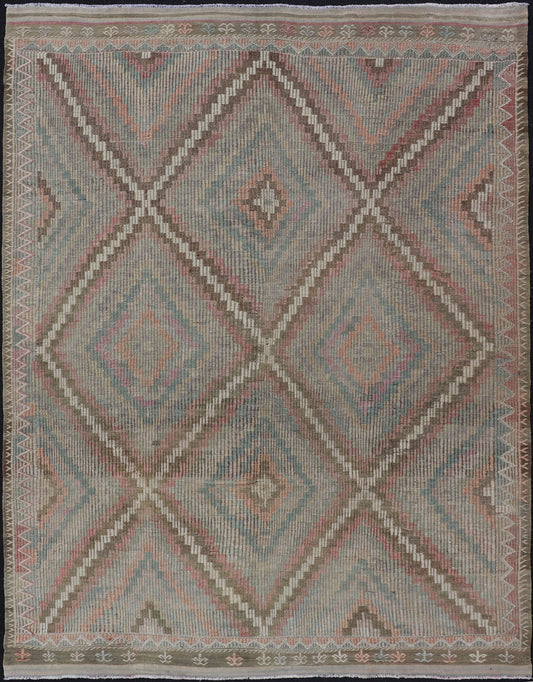 Vintage Turkish Embroidered Rug with Geometric Diamond Design Embroidered vintage flat weave rug from Turkey in shades of cream and neutrals with geometric pattern rug EN - 178708, Keivan Woven Arts / country of origin / type: Turkey / Kili... - Keivan Woven ArtsEN - 178708 - 17502Rug