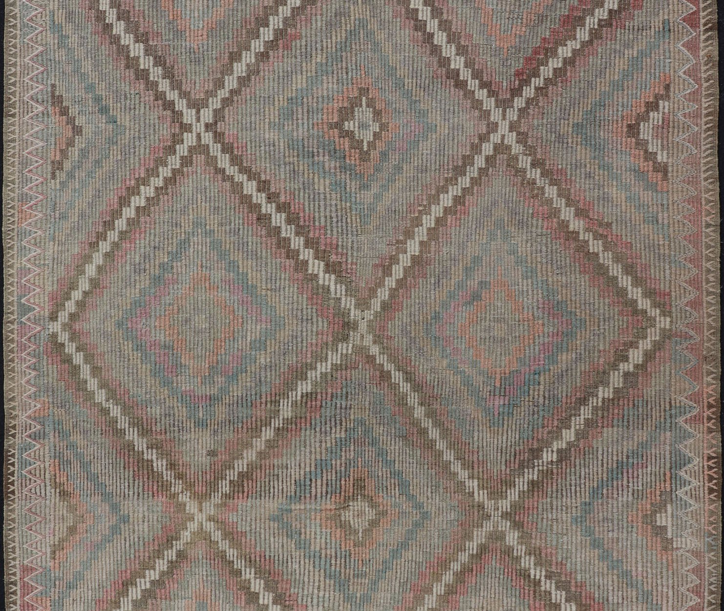 Vintage Turkish Embroidered Rug with Geometric Diamond Design Embroidered vintage flat weave rug from Turkey in shades of cream and neutrals with geometric pattern rug EN - 178708, Keivan Woven Arts / country of origin / type: Turkey / Kili... - Keivan Woven ArtsEN - 178708 - 17502Rug