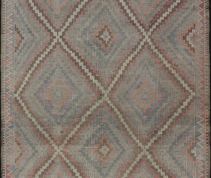Vintage Turkish Embroidered Rug with Geometric Diamond Design Embroidered vintage flat weave rug from Turkey in shades of cream and neutrals with geometric pattern rug EN - 178708, Keivan Woven Arts / country of origin / type: Turkey / Kili... - Keivan Woven ArtsEN - 178708 - 17502Rug