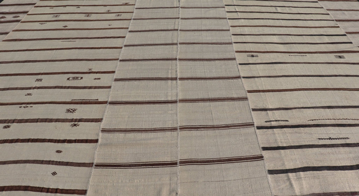 Vintage Hand Woven Neutral Paneled Kilim Flat - Weave in Tones of Cream and Brown Large Vintage Hand Woven neutral paneled Kilim flat - weave in tones of cream and brown in stripe design kwarugs, Casual flat - weave Kilim design, Keivan Woven Arts /ru... - Keivan Woven ArtsEN - 178724 - 18329