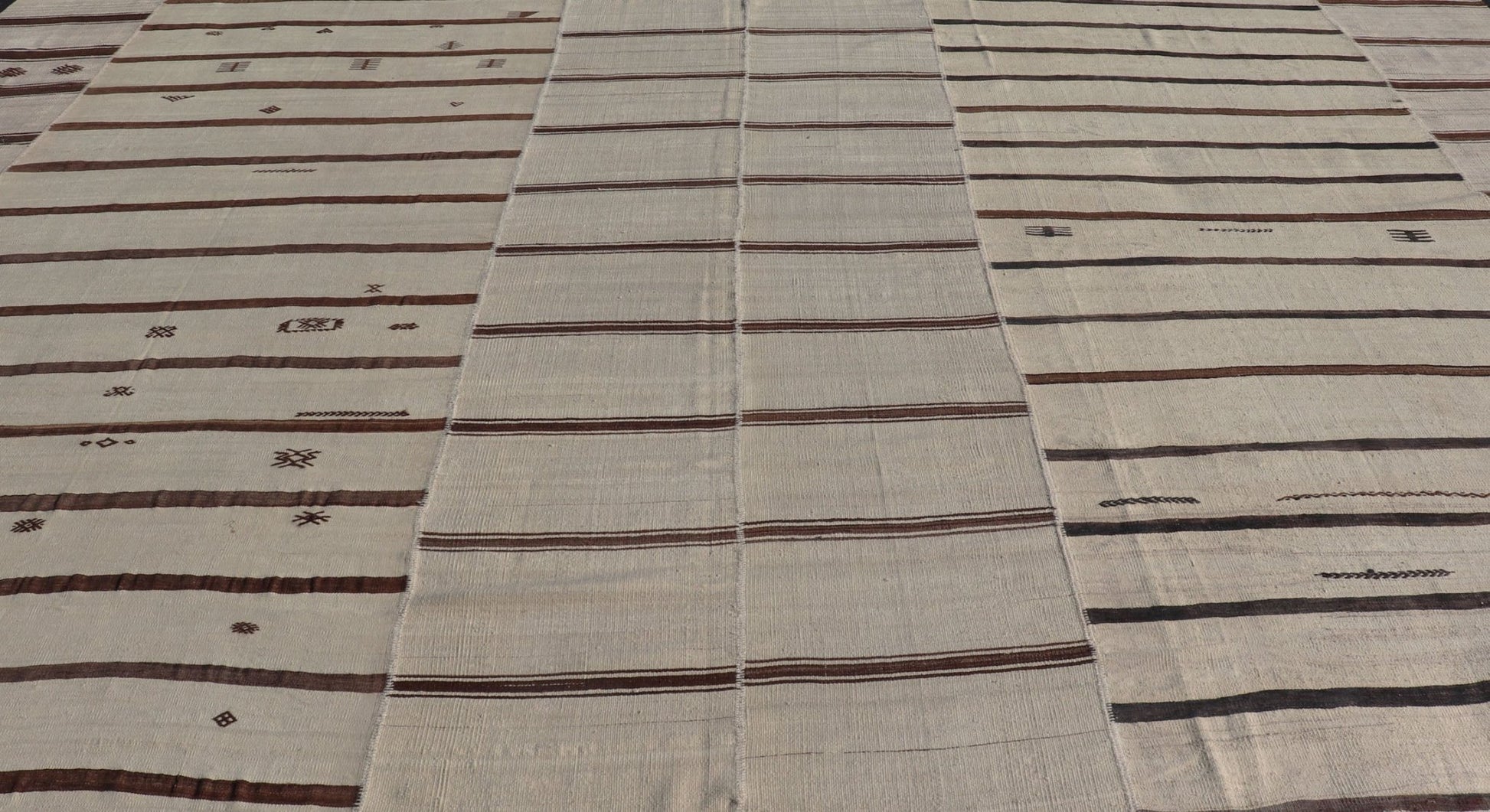 Vintage Hand Woven Neutral Paneled Kilim Flat - Weave in Tones of Cream and Brown Large Vintage Hand Woven neutral paneled Kilim flat - weave in tones of cream and brown in stripe design kwarugs, Casual flat - weave Kilim design, Keivan Woven Arts /ru... - Keivan Woven ArtsEN - 178724 - 18329