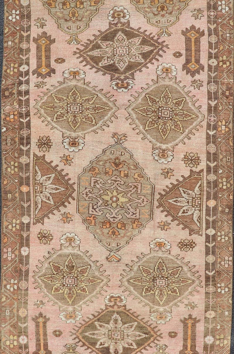 Vintage Hand - Knotted Turkish Kars Galley Rug in Wool with Medallion Design. Keivan Woven Arts; rug EN - 178729, country of origin / type: Turkey / Oushak, circa 1930. Measures: 4'7 x 13'3 This vintage Turkish Kars gallery runner has been h... - Keivan Woven ArtsEN - 178729 - 23510Rug