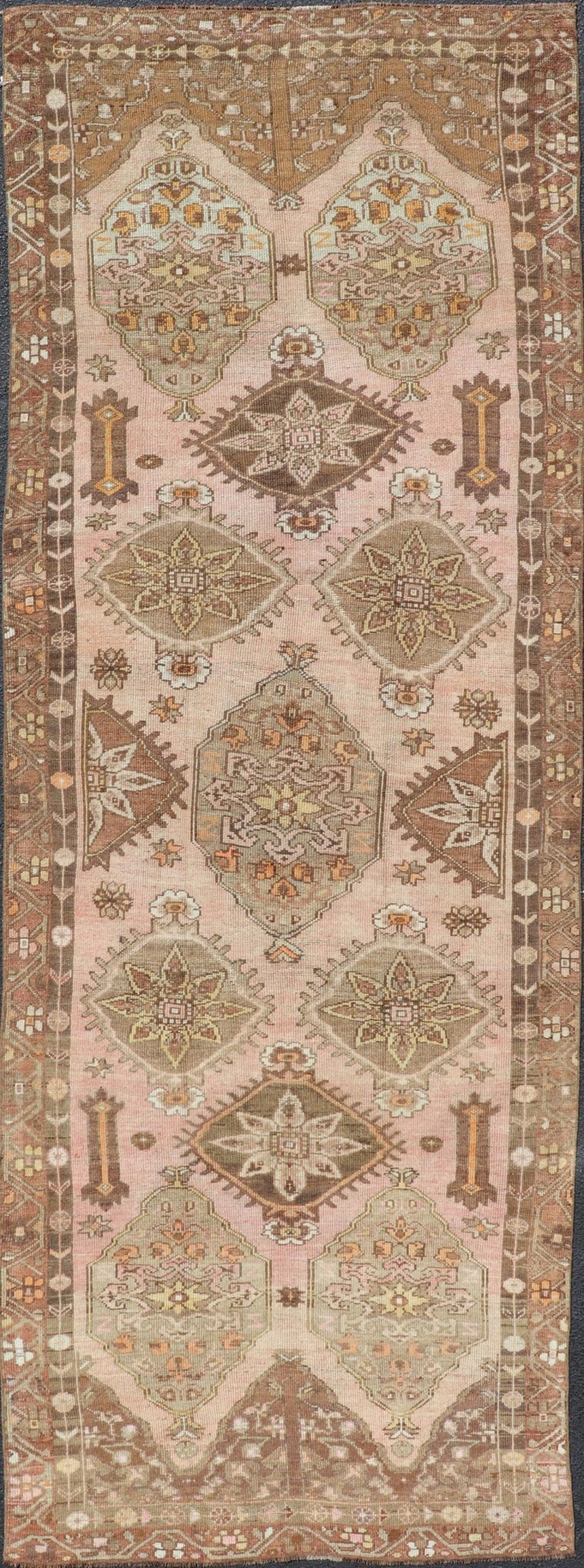 Vintage Hand - Knotted Turkish Kars Galley Rug in Wool with Medallion Design. Keivan Woven Arts; rug EN - 178729, country of origin / type: Turkey / Oushak, circa 1930. Measures: 4'7 x 13'3 This vintage Turkish Kars gallery runner has been h... - Keivan Woven ArtsEN - 178729 - 23510Rug