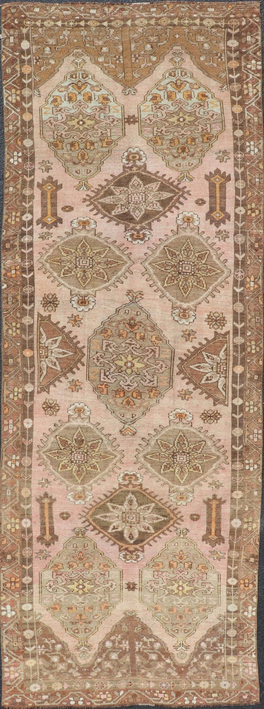 Vintage Hand - Knotted Turkish Kars Galley Rug in Wool with Medallion Design. Keivan Woven Arts; rug EN - 178729, country of origin / type: Turkey / Oushak, circa 1930. Measures: 4'7 x 13'3 This vintage Turkish Kars gallery runner has been h... - Keivan Woven ArtsEN - 178729 - 23510Rug