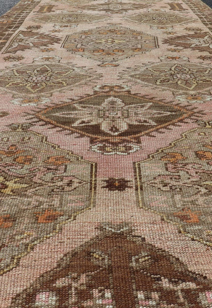 Vintage Hand - Knotted Turkish Kars Galley Rug in Wool with Medallion Design. Keivan Woven Arts; rug EN - 178729, country of origin / type: Turkey / Oushak, circa 1930. Measures: 4'7 x 13'3 This vintage Turkish Kars gallery runner has been h... - Keivan Woven ArtsEN - 178729 - 23510Rug