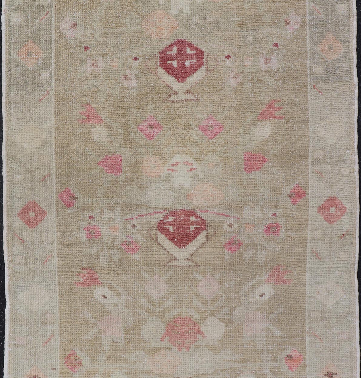 Turkish Oushak Carpet with Colorful Floral Designs Set on Sand - Green Field. Angora Turkish Oushak Carpet Antique, Keivan oven Arts/rug EN - 178785, country of origin / type: Turkey / Oushak, circa mid - 20th Century. Measures: 2'8 x 4'9 This... - Keivan Woven ArtsEN - 178785 - 23839Rug