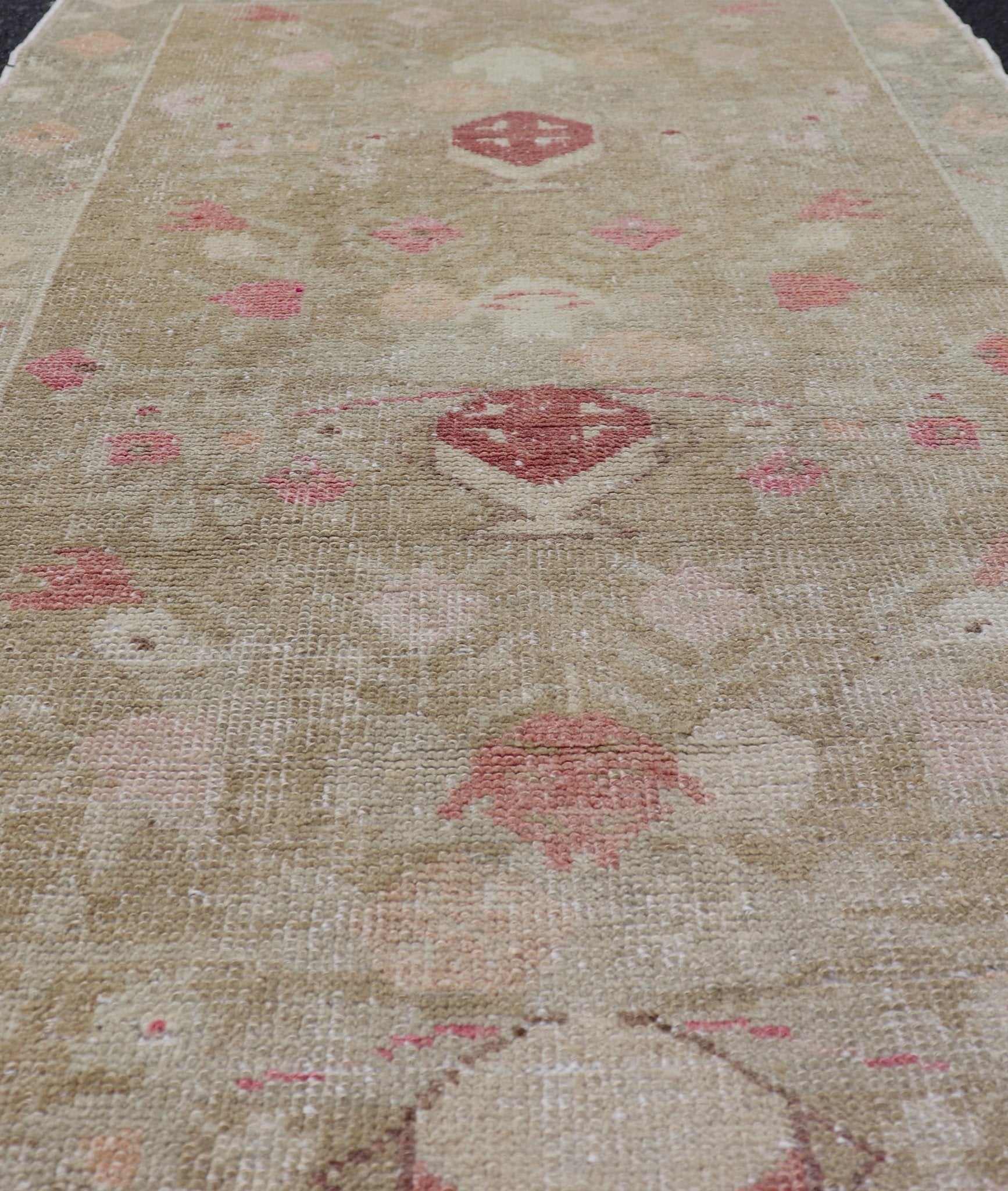 Turkish Oushak Carpet with Colorful Floral Designs Set on Sand - Green Field. Angora Turkish Oushak Carpet Antique, Keivan oven Arts/rug EN - 178785, country of origin / type: Turkey / Oushak, circa mid - 20th Century. Measures: 2'8 x 4'9 This... - Keivan Woven ArtsEN - 178785 - 23839Rug