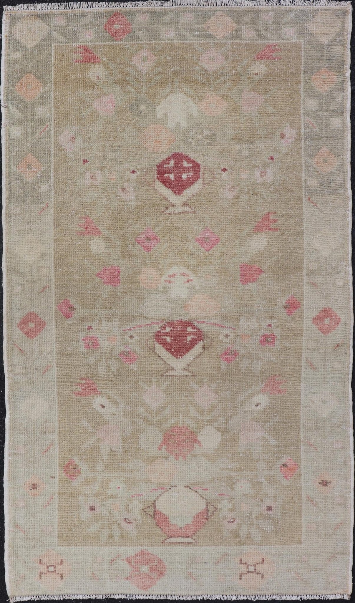 Turkish Oushak Carpet with Colorful Floral Designs Set on Sand - Green Field. Angora Turkish Oushak Carpet Antique, Keivan oven Arts/rug EN - 178785, country of origin / type: Turkey / Oushak, circa mid - 20th Century. Measures: 2'8 x 4'9 This... - Keivan Woven ArtsEN - 178785 - 23839Rug