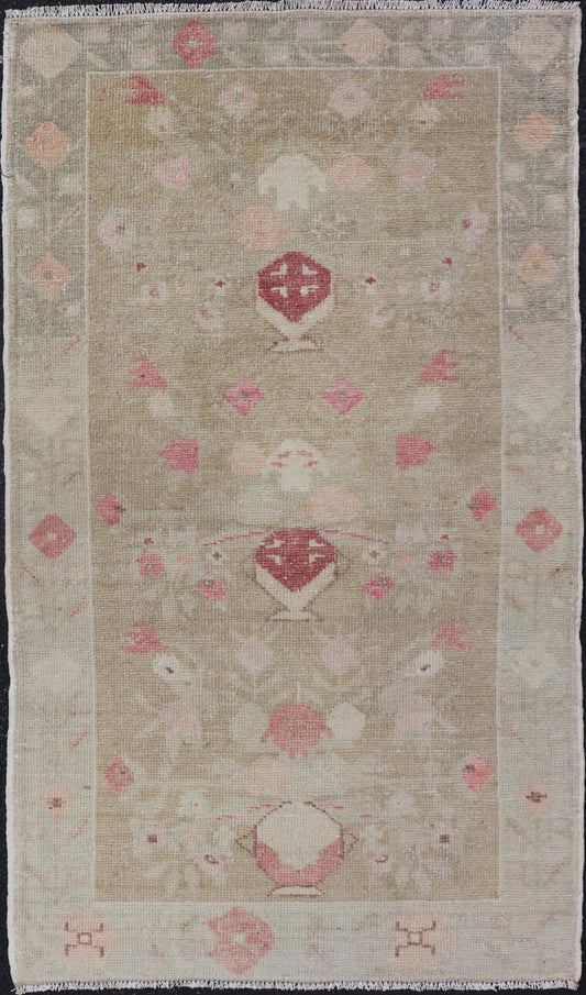 Turkish Oushak Carpet with Colorful Floral Designs Set on Sand - Green Field. Angora Turkish Oushak Carpet Antique, Keivan oven Arts/rug EN - 178785, country of origin / type: Turkey / Oushak, circa mid - 20th Century. Measures: 2'8 x 4'9 This... - Keivan Woven ArtsEN - 178785 - 23839Rug