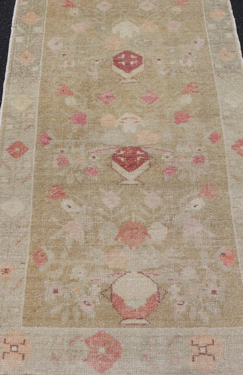 Turkish Oushak Carpet with Colorful Floral Designs Set on Sand - Green Field. Angora Turkish Oushak Carpet Antique, Keivan oven Arts/rug EN - 178785, country of origin / type: Turkey / Oushak, circa mid - 20th Century. Measures: 2'8 x 4'9 This... - Keivan Woven ArtsEN - 178785 - 23839Rug