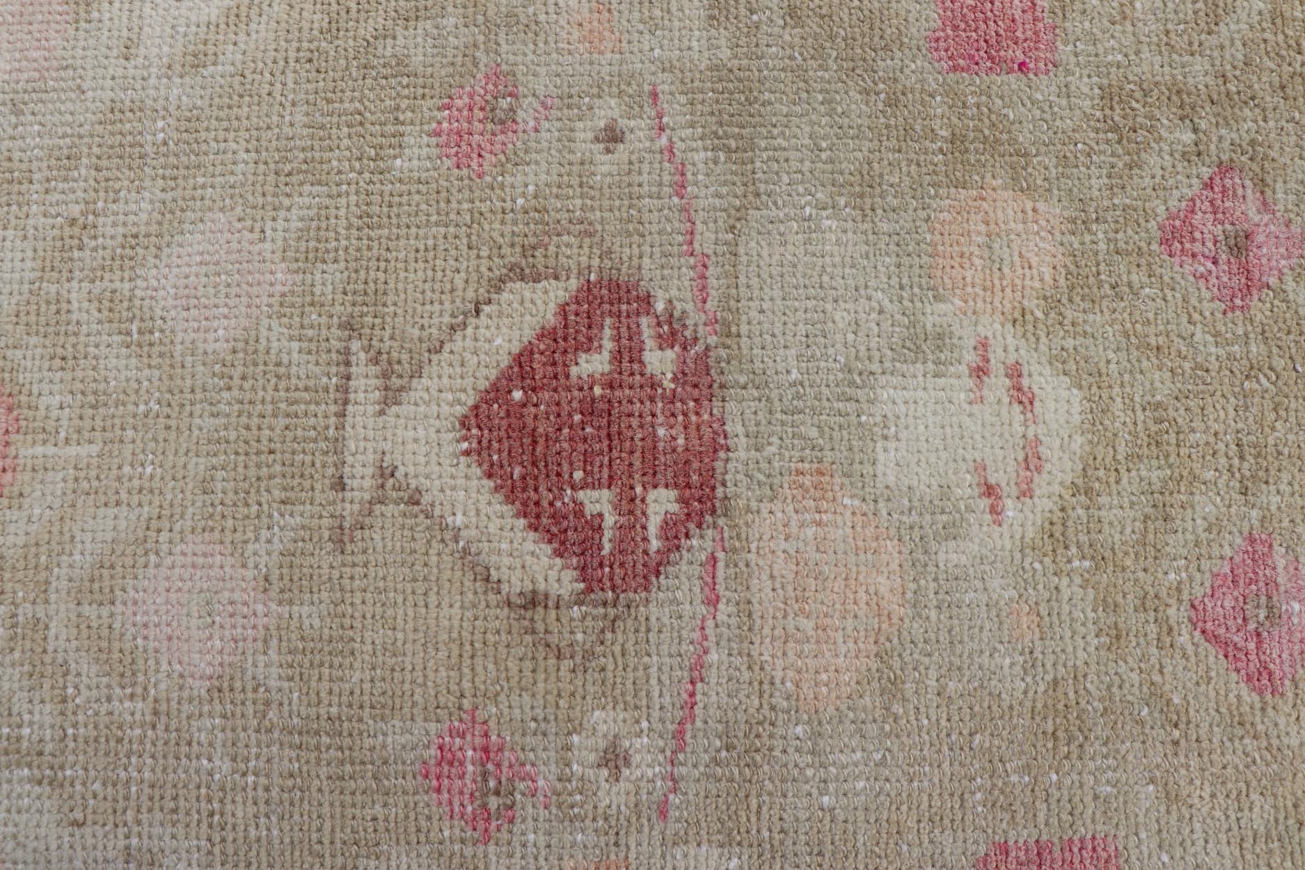 Turkish Oushak Carpet with Colorful Floral Designs Set on Sand - Green Field. Angora Turkish Oushak Carpet Antique, Keivan oven Arts/rug EN - 178785, country of origin / type: Turkey / Oushak, circa mid - 20th Century. Measures: 2'8 x 4'9 This... - Keivan Woven ArtsEN - 178785 - 23839Rug