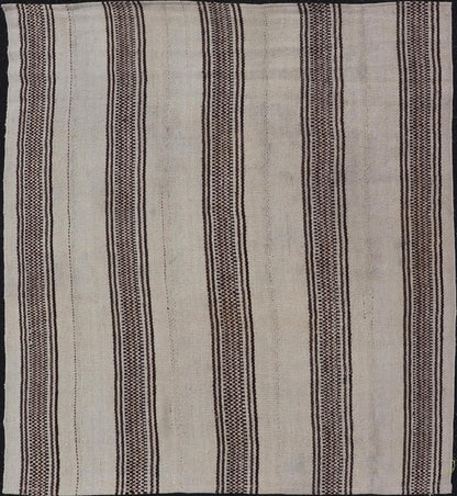 Stripe Design Turkish Vintage Flat - Weave Rug in Brown and Ivory. Keivan Woven Arts / rug EN - 178786, country of origin / type: Turkey / Kilim, circa 1950 Measures: 4'5 x 5'1 Woven during the early - 20th century in Turkey, this Kilim is decorated w... - Keivan Woven ArtsEN - 178786 - 24187Rug