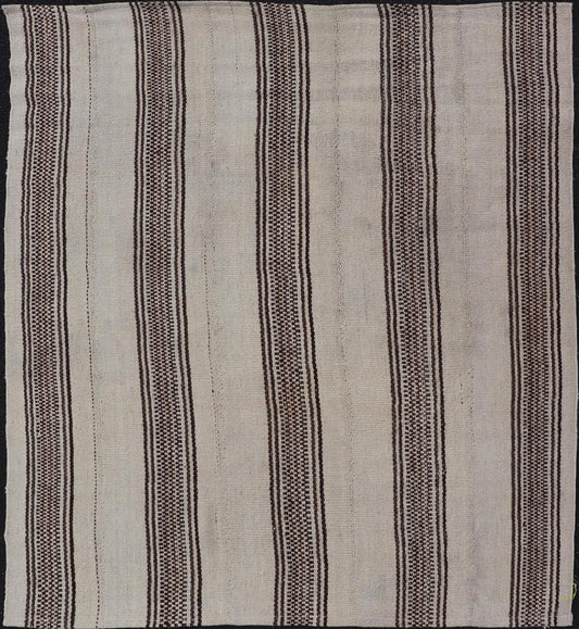 Stripe Design Turkish Vintage Flat - Weave Rug in Brown and Ivory. Keivan Woven Arts / rug EN - 178786, country of origin / type: Turkey / Kilim, circa 1950 Measures: 4'5 x 5'1 Woven during the early - 20th century in Turkey, this Kilim is decorated w... - Keivan Woven ArtsEN - 178786 - 24187Rug