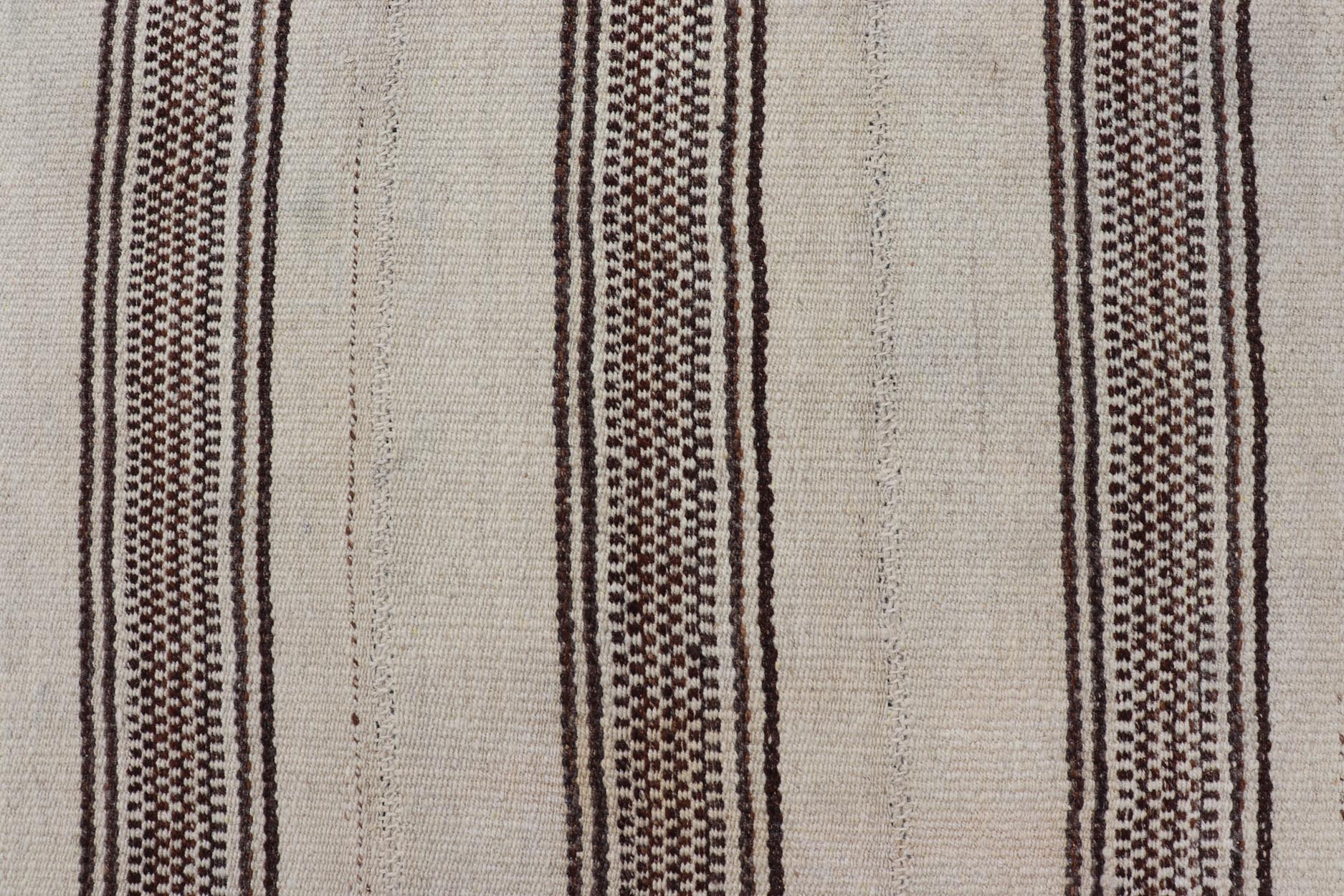 Stripe Design Turkish Vintage Flat - Weave Rug in Brown and Ivory. Keivan Woven Arts / rug EN - 178786, country of origin / type: Turkey / Kilim, circa 1950 Measures: 4'5 x 5'1 Woven during the early - 20th century in Turkey, this Kilim is decorated w... - Keivan Woven ArtsEN - 178786 - 24187Rug