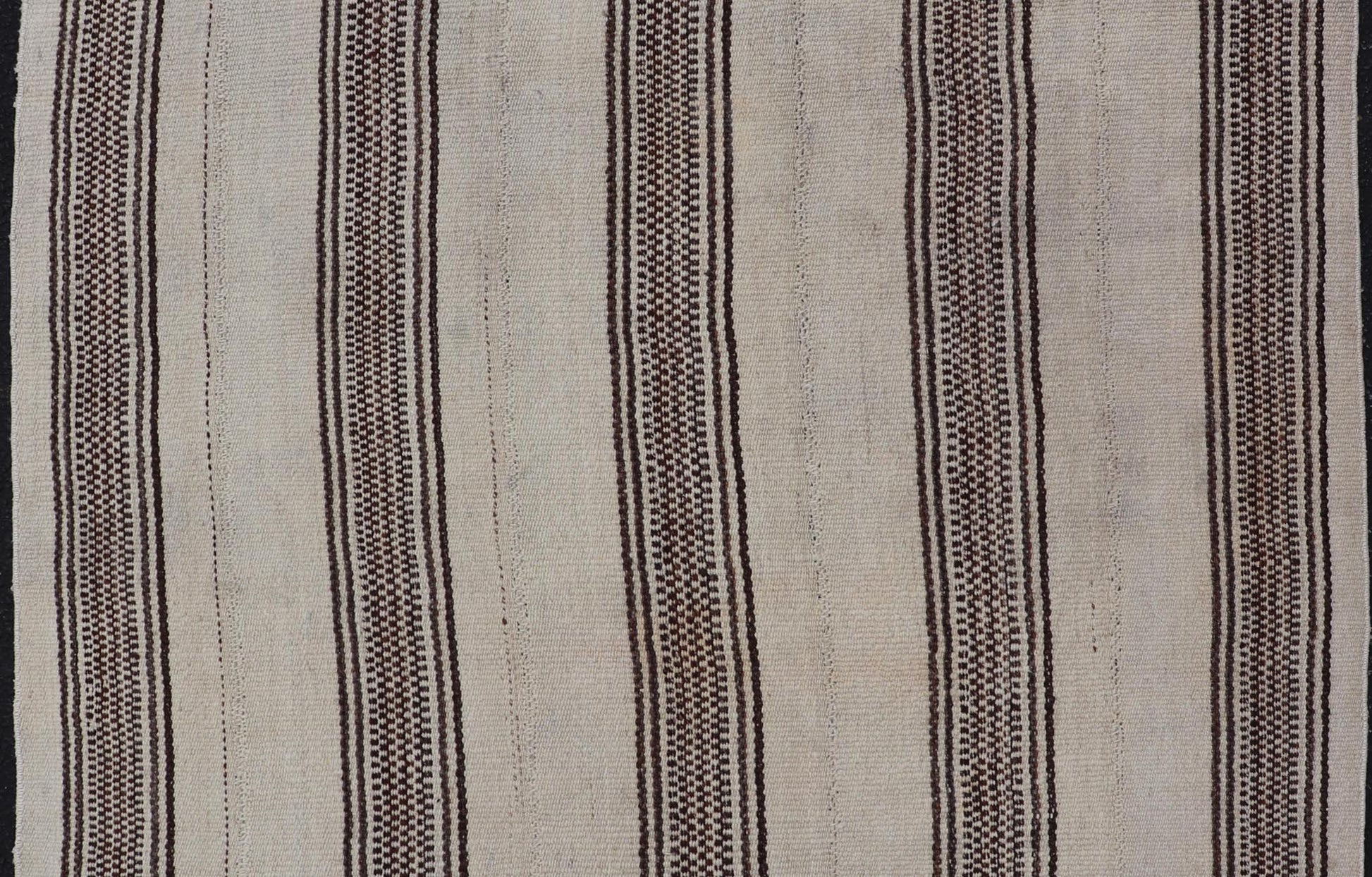 Stripe Design Turkish Vintage Flat - Weave Rug in Brown and Ivory. Keivan Woven Arts / rug EN - 178786, country of origin / type: Turkey / Kilim, circa 1950 Measures: 4'5 x 5'1 Woven during the early - 20th century in Turkey, this Kilim is decorated w... - Keivan Woven ArtsEN - 178786 - 24187Rug