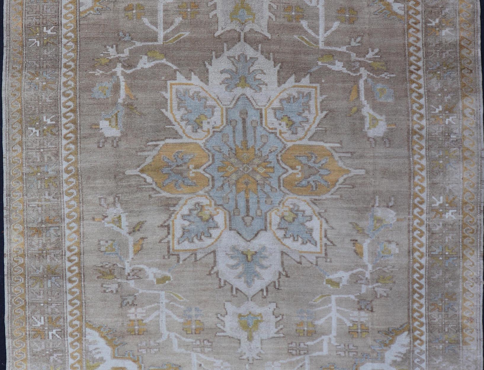 Measures: 6'7 x 9'6 Vintage Hand Knotted Turkish Oushak Kars in Earthy Tones and Yellow Colors. circa/1940 Keivan Woven Arts / rug/ EN - 178854 mid - 20th century. This vintage Turkish rug, (circa mid - 20th century) features a unique blend of co... - Keivan Woven ArtsEN - 178854 - 21937Rug