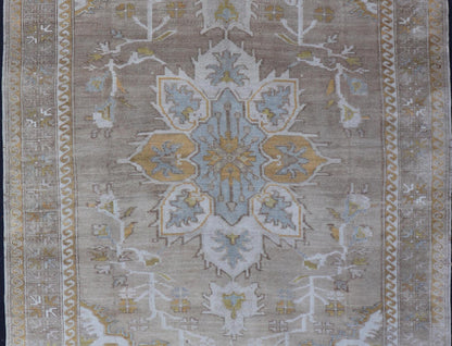 Measures: 6'7 x 9'6 Vintage Hand Knotted Turkish Oushak Kars in Earthy Tones and Yellow Colors. circa/1940 Keivan Woven Arts / rug/ EN - 178854 mid - 20th century. This vintage Turkish rug, (circa mid - 20th century) features a unique blend of co... - Keivan Woven ArtsEN - 178854 - 21937Rug