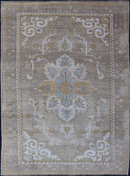 Measures: 6'7 x 9'6 Vintage Hand Knotted Turkish Oushak Kars in Earthy Tones and Yellow Colors. circa/1940 Keivan Woven Arts / rug/ EN - 178854 mid - 20th century. This vintage Turkish rug, (circa mid - 20th century) features a unique blend of co... - Keivan Woven ArtsEN - 178854 - 21937Rug