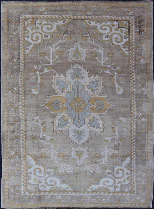 Measures: 6'7 x 9'6 Vintage Hand Knotted Turkish Oushak Kars in Earthy Tones and Yellow Colors. circa/1940 Keivan Woven Arts / rug/ EN - 178854 mid - 20th century. This vintage Turkish rug, (circa mid - 20th century) features a unique blend of co... - Keivan Woven ArtsEN - 178854 - 21937Rug