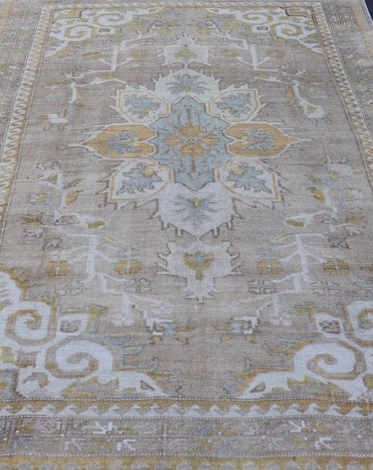Measures: 6'7 x 9'6 Vintage Hand Knotted Turkish Oushak Kars in Earthy Tones and Yellow Colors. circa/1940 Keivan Woven Arts / rug/ EN - 178854 mid - 20th century. This vintage Turkish rug, (circa mid - 20th century) features a unique blend of co... - Keivan Woven ArtsEN - 178854 - 21937Rug