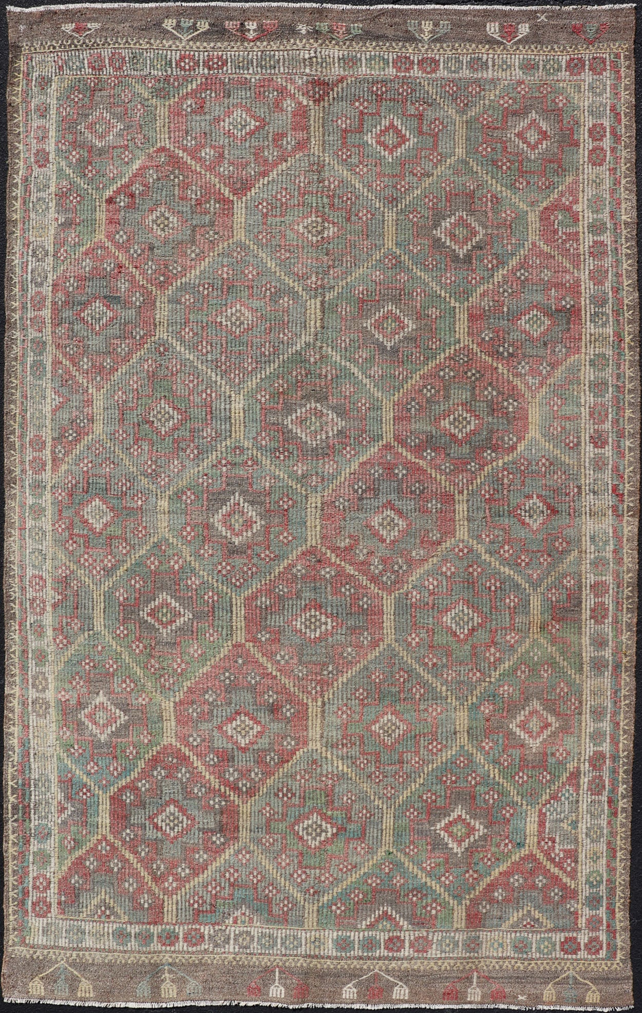 Colorful Vintage Turkish Kilim Embroidered Jajeem with Tribal Design Multicolored flat - woven Kilim rug from Turkey with all - over design, Keivan Woven Arts / rug EN - 178876, country of origin / type: Turkey / Kilim, circa 1950 Measures... - Keivan Woven ArtsEN - 178876 - 17514Rug