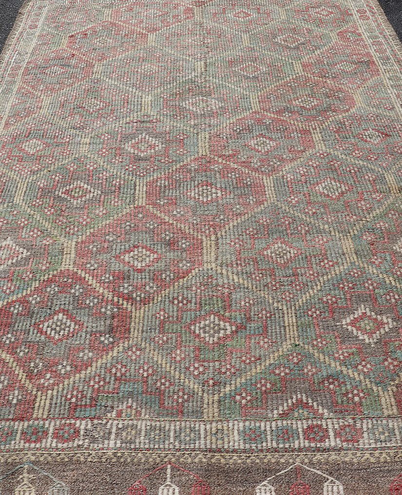 Colorful Vintage Turkish Kilim Embroidered Jajeem with Tribal Design Multicolored flat - woven Kilim rug from Turkey with all - over design, Keivan Woven Arts / rug EN - 178876, country of origin / type: Turkey / Kilim, circa 1950 Measures... - Keivan Woven ArtsEN - 178876 - 17514Rug
