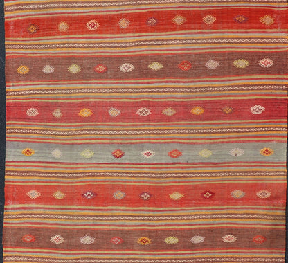 Colorful Vintage Turkish Embroidered Kilim with Stripes and Geometric Motifs. Keivan Woven Arts / rug EN - 178880, country of origin / type: Turkey / Kilim, circa 1940 This vintage Turkish flat - woven Kilim features a minimalist design rendered in ... - Keivan Woven ArtsEN - 178880 - 17520Rug