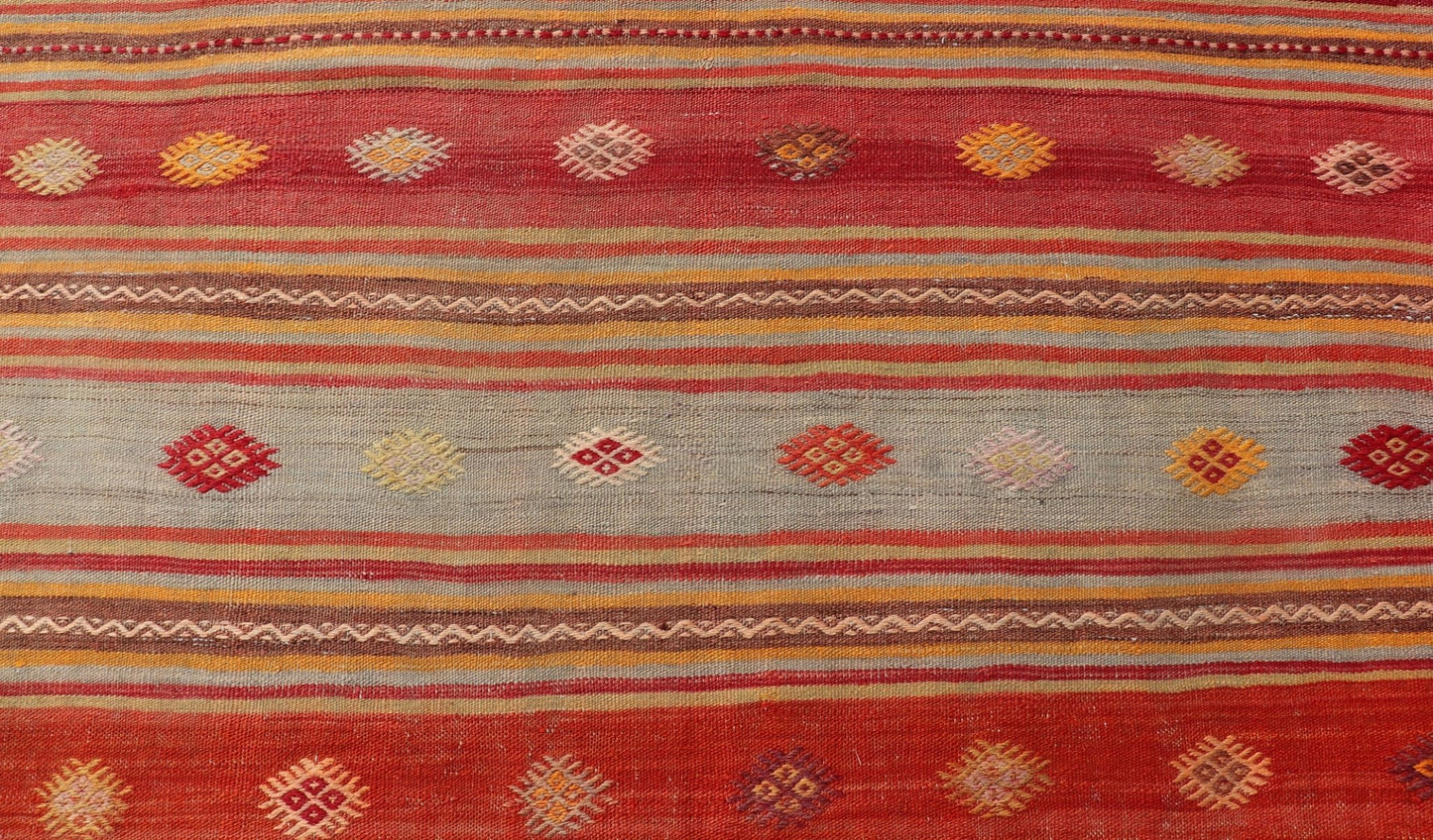 Colorful Vintage Turkish Embroidered Kilim with Stripes and Geometric Motifs. Keivan Woven Arts / rug EN - 178880, country of origin / type: Turkey / Kilim, circa 1940 This vintage Turkish flat - woven Kilim features a minimalist design rendered in ... - Keivan Woven ArtsEN - 178880 - 17520Rug