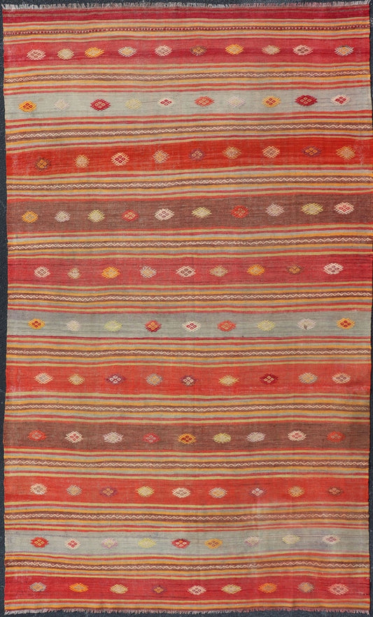 Colorful Vintage Turkish Embroidered Kilim with Stripes and Geometric Motifs. Keivan Woven Arts / rug EN - 178880, country of origin / type: Turkey / Kilim, circa 1940 This vintage Turkish flat - woven Kilim features a minimalist design rendered in ... - Keivan Woven ArtsEN - 178880 - 17520