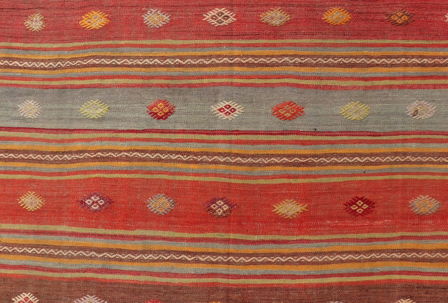 Colorful Vintage Turkish Embroidered Kilim with Stripes and Geometric Motifs. Keivan Woven Arts / rug EN - 178880, country of origin / type: Turkey / Kilim, circa 1940 This vintage Turkish flat - woven Kilim features a minimalist design rendered in ... - Keivan Woven ArtsEN - 178880 - 17520Rug