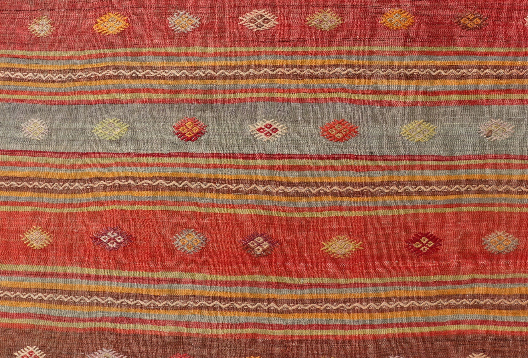 Colorful Vintage Turkish Embroidered Kilim with Stripes and Geometric Motifs. Keivan Woven Arts / rug EN - 178880, country of origin / type: Turkey / Kilim, circa 1940 This vintage Turkish flat - woven Kilim features a minimalist design rendered in ... - Keivan Woven ArtsEN - 178880 - 17520Rug