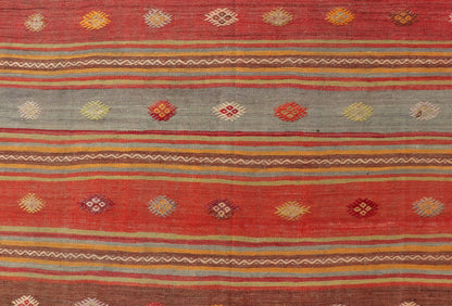 Colorful Vintage Turkish Embroidered Kilim with Stripes and Geometric Motifs. Keivan Woven Arts / rug EN - 178880, country of origin / type: Turkey / Kilim, circa 1940 This vintage Turkish flat - woven Kilim features a minimalist design rendered in ... - Keivan Woven ArtsEN - 178880 - 17520Rug