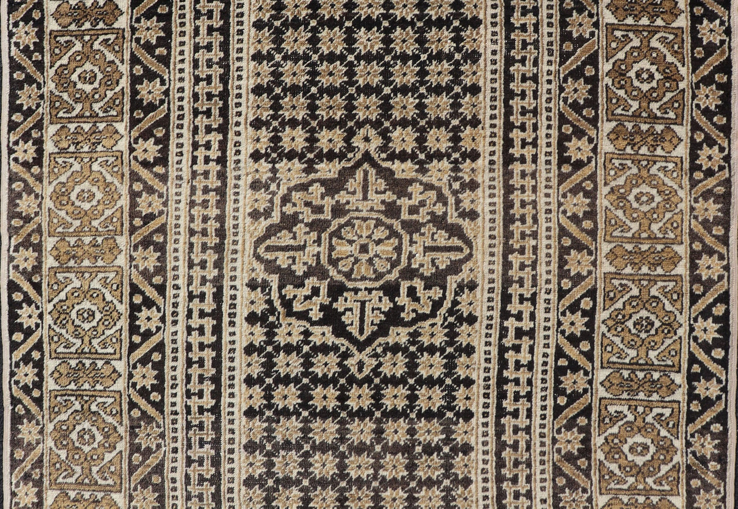 Turkish Konya Carpet in Shades of Brown, rug EN - 178916, country of origin / type: Turkey / Oushak, circa mid - 20th Century. Measures:4'2 x 6'3 All - Over with Medallion Design Turkish Carpet in Shades of Brown and Cream - Keivan Woven ArtsEN - 178916 - 17526