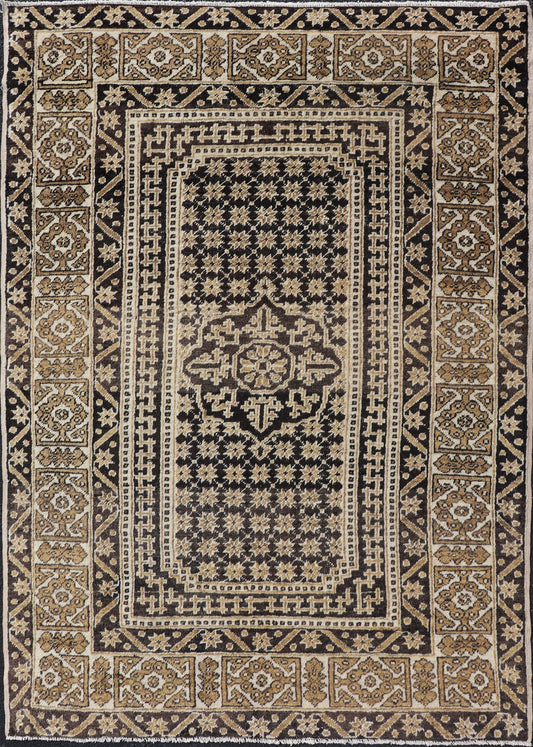 Turkish Konya Carpet in Shades of Brown, rug EN - 178916, country of origin / type: Turkey / Oushak, circa mid - 20th Century. Measures:4'2 x 6'3 All - Over with Medallion Design Turkish Carpet in Shades of Brown and Cream - Keivan Woven ArtsEN - 178916 - 17526