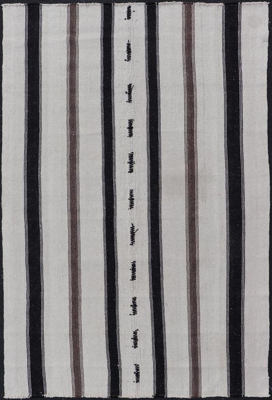 Vintage Turkish Kilim with Stripes in Ivory and Shades of Brown Measures 4'4 x 6'10 This vintage Turkish Kilim features simple design and neutral colors, giving these types of rugs a rise in popularity in modern interiors of the 2020's. ... - Keivan Woven ArtsEN - 178921 - 18902Rug